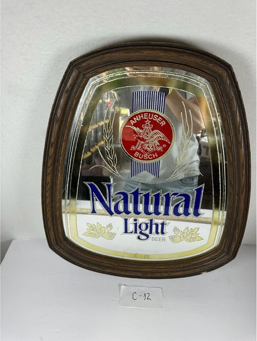 Vintage Natural Light Beer Mirror Sign Anheuser-Busch Wood Frame C-12